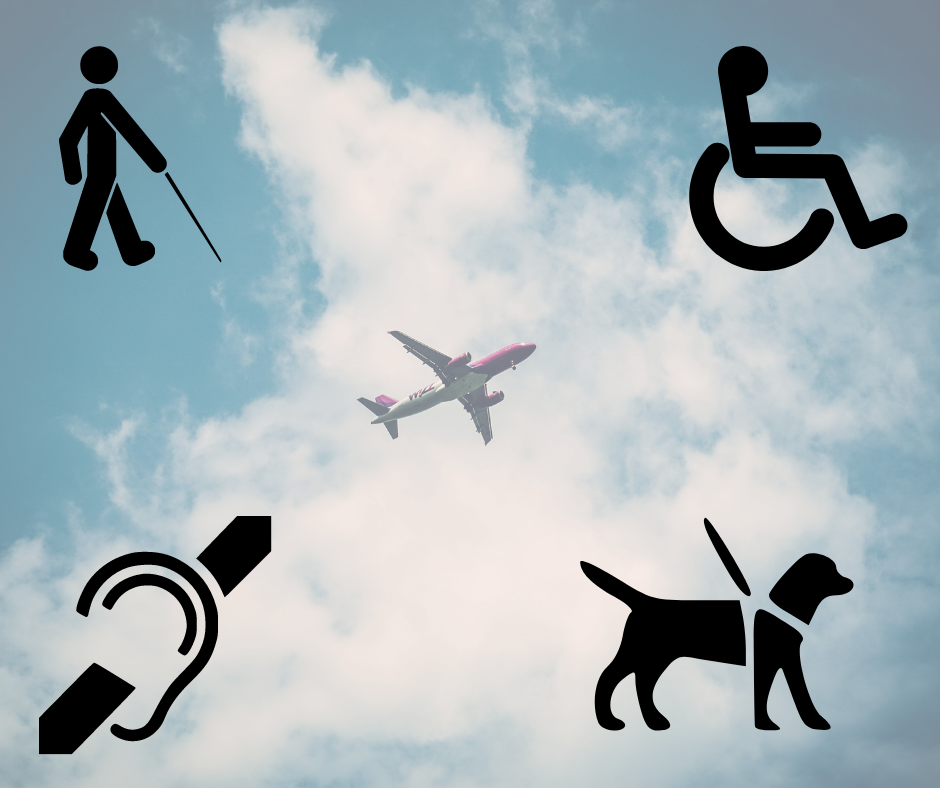 background is of a plane in the sky. There are four icons in each corner - a person using a long cane, a person using a wheelchair, an icon for looped audio system and a guide dog.