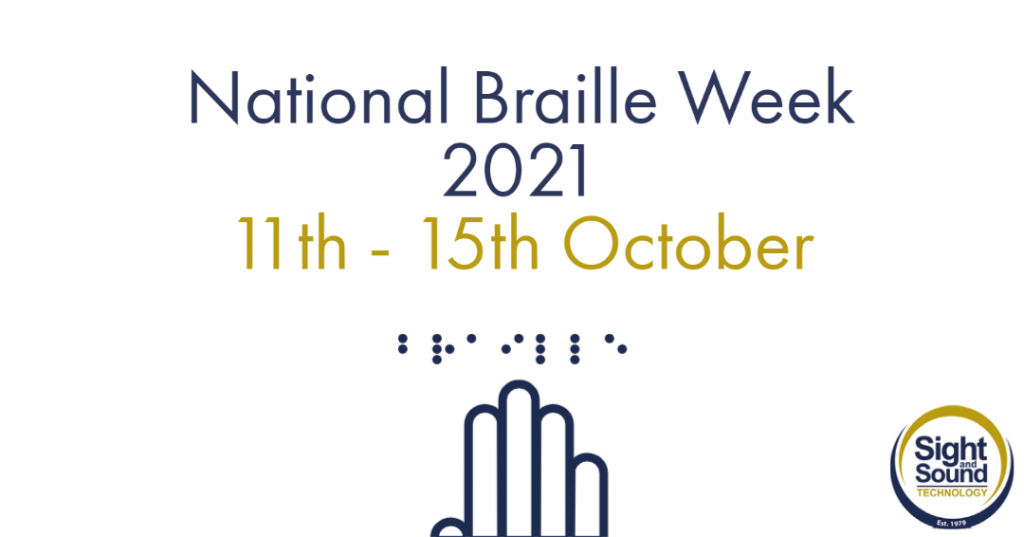 Text: National Braille Week 2021. 11-15 October. Icon is of a hand reading Braille.