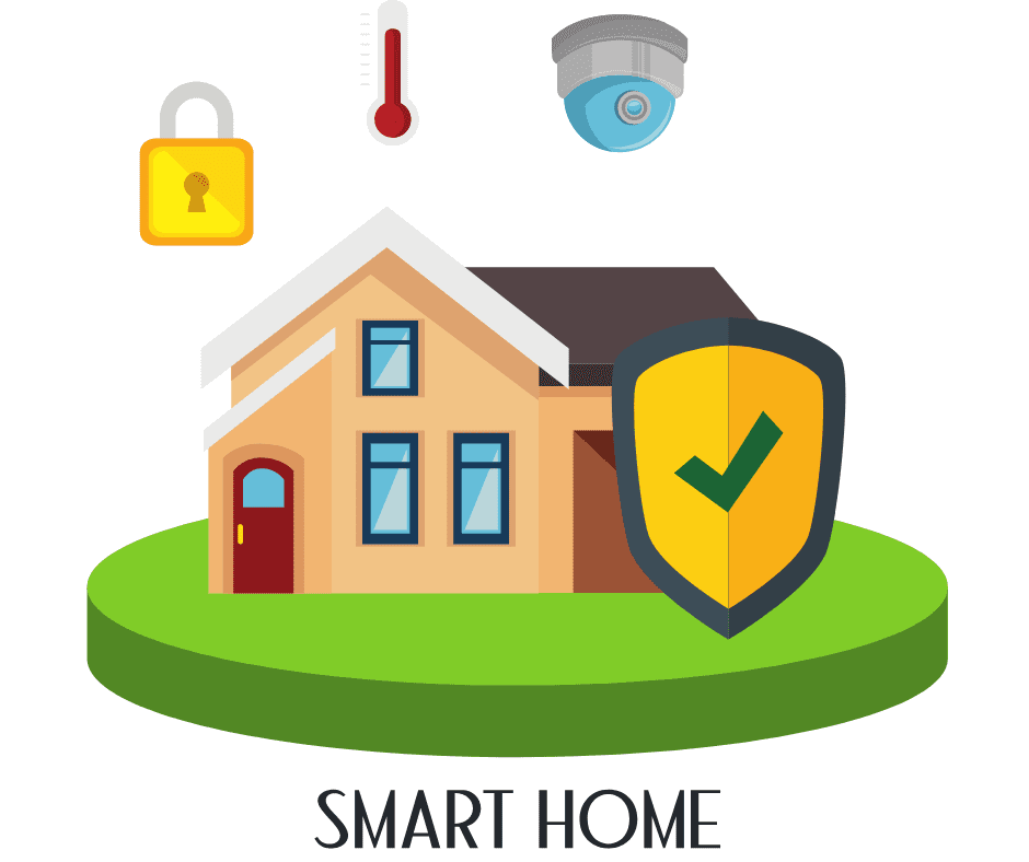Graphic of a house with various icons around it, including a lock, thermostat and the text 'smart home'