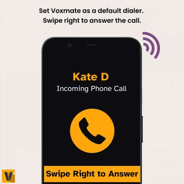 Graphics with a phone. The phone has a dark coloured screen with the following information being displayed on the screen: "Text: Kate D, Incoming Phone Call in the top; large orange phone icon in the middle; Text: Swipe right to answer".