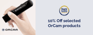 Image of hand holding a OrCam Read Smart - text reads 10% off selected OrCam Products
