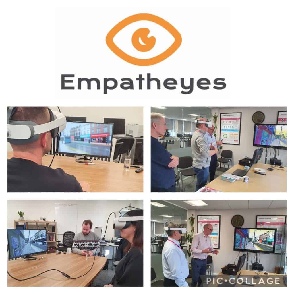 Empatheyes logo at the top of four photos of people using the Empatheyes virtual reality headset