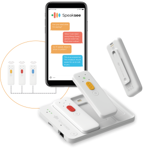 Image of Speaksee Microphone Kit, and mobile phone displaying app with captions