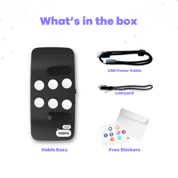 What's in the box? Photo of hable easy with USB cable, lanyard and free stickers.
