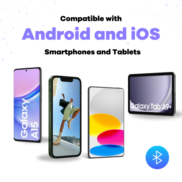 Photos of various smartphones. Text reads: compatible with android and iOS smartphones and tablets.
