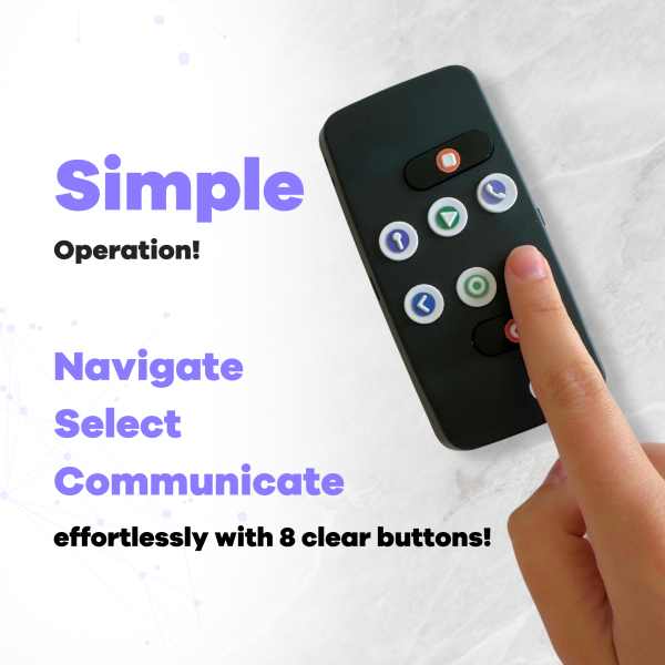 Photo of Hable Easy with a finger on one of the eight buttons. Text reads: Simple operation. Navigate. Select. Communicate effortlessly with 8 clear buttons.