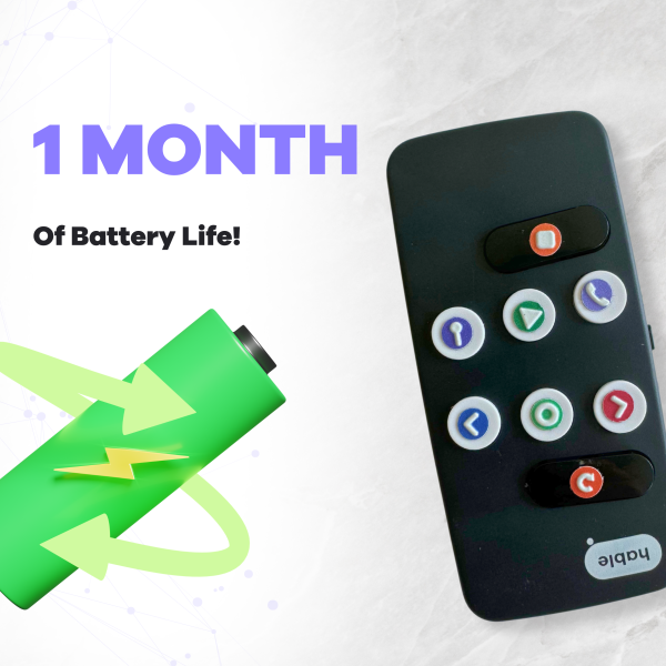 Photo of Hable Easy alongside a photo of a battery. Text reads: 1 month of battery life.